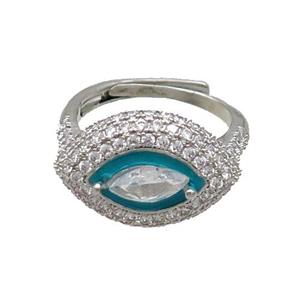 Copper Ring Pave Zircon Teal Enamel Eye Adjustable Platinum Plated, approx 13-19mm, 18mm dia