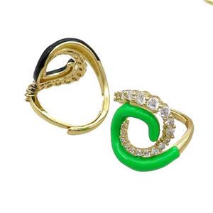 Copper Ring Pave Zircon Green Enamel Adjustable Gold Plated, approx 20mm, 20mm dia
