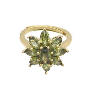 Copper Ring Pave Olive Crystal Glass Flower Adjustable Gold Plated, approx 17mm, 18mm dia