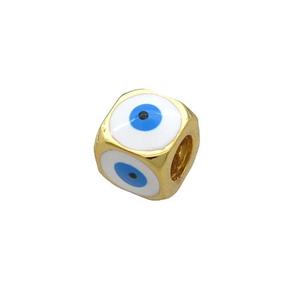 Copper Cube Beads White Enamel Evil Eye Large Hole Gold Plated, approx 8.5mm, 5mm hole