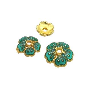 Copper Beadcaps Green Enamel Gold Plated, approx 6mm dia