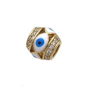 Copper Barrel Beads Pave Zircon White Enamel Evil Eye Large Hole Gold Plated, approx 8mm, 3mm hole