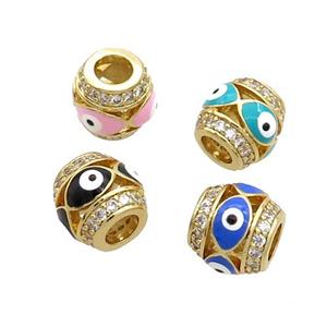 Copper Barrel Beads Pave Zircon Enamel Evil Eye Large Hole Gold Plated Mixed, approx 8mm, 3mm hole