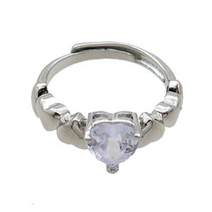 Copper Ring Pave Crystal Glass Heart Adjustable Platinum Plated, approx 7mm, 18mm