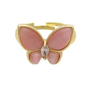 Copper Butterfly Ring Pave Pink Catseye Adjustable Gold Plated, approx 16-18mm, 18mm dia