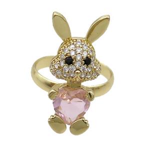 Copper Rabbit Ring Pave Zircon Pink Crystal Adjustable Gold Plated, approx 11-25mm, 18mm dia