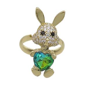 Copper Rabbit Ring Pave Zircon Green Crystal Adjustable Gold Plated, approx 11-25mm, 18mm dia