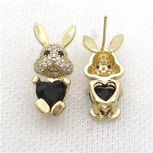 Copper Rabbit Stud Earring Pave Zircon Black Crystal Gold Plated, approx 11-25mm