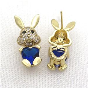 Copper Rabbit Stud Earring Pave Zircon Deepblue Crystal Gold Plated, approx 11-25mm