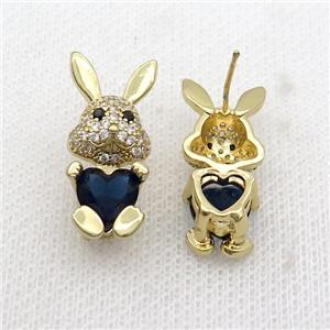 Copper Rabbit Stud Earring Pave Zircon Darkblue Crystal Gold Plated, approx 11-25mm