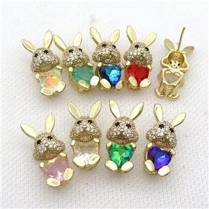 Copper Rabbit Stud Earring Pave Zircon Crystal Gold Plated Mixed, approx 11-25mm