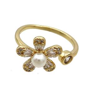 Copper Flower Ring Pave Zircon Pearlized Plastic Gold Plated, approx 12mm, 18mm dia