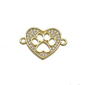 Copper Heart Connector Pave Zircon Paw Gold Plated, approx 14mm