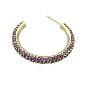 Copper Stud Earring Pave Purple Zircon Gold Plated, approx 30mm