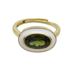 Copper Ring Pave Green Crystal Oval White Enamel Adjustable Gold Plated, approx 11-15mm, 18mm dia