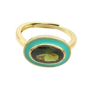 Copper Ring Pave Green Crystal Oval Enamel Adjustable Gold Plated, approx 11-15mm, 18mm dia