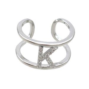 Copper Ring Pave Zircon K-Letter Platinum Plated, approx 10mm, 18mm dia