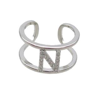Copper Ring Pave Zircon N-Letter Platinum Plated, approx 10mm, 18mm dia