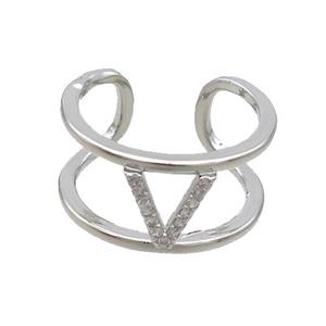 Copper Ring Pave Zircon V-Letter Platinum Plated, approx 10mm, 18mm dia