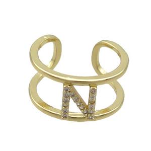 Copper Ring Pave Zircon N-Letter Gold Plated, approx 10mm, 18mm dia