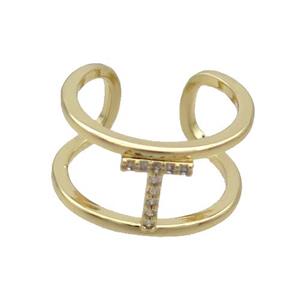 Copper Ring Pave Zircon T-Letter Gold Plated, approx 10mm, 18mm dia