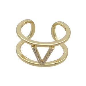 Copper Ring Pave Zircon V-Letter Gold Plated, approx 10mm, 18mm dia