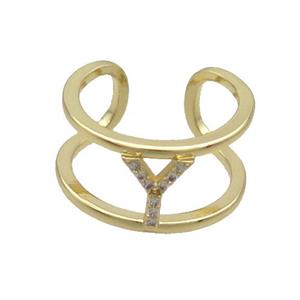 Copper Ring Pave Zircon Y-Letter Gold Plated, approx 10mm, 18mm dia