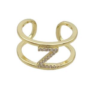 Copper Ring Pave Zircon Z-Letter Gold Plated Alphabet, approx 10mm, 18mm dia