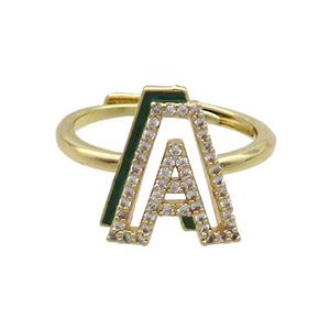 Copper Ring Pave Zircon A-Letter Adjustable Enamel Gold Plated, approx 10-14mm, 18mm dia