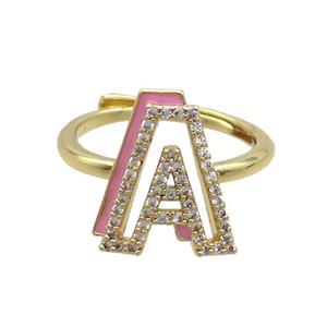Copper Ring Pave Zircon A-Letter Adjustable Pink Enamel Gold Plated, approx 10-14mm, 18mm dia