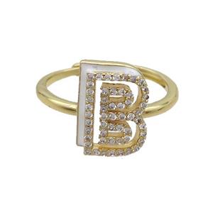 Copper Ring Pave Zircon B-Letter Adjustable White Enamel Gold Plated, approx 10-14mm, 18mm dia