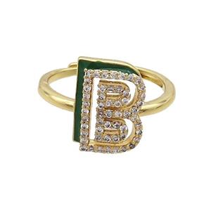 Copper Ring Pave Zircon B-Letter Adjustable Black Enamel Gold Plated, approx 10-14mm, 18mm dia
