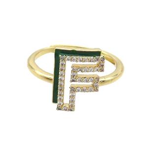 Copper Ring Pave Zircon F-Letter Adjustable Enamel Gold Plated, approx 10-14mm, 18mm dia