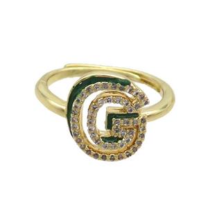 Copper Ring Pave Zircon G-Letter Adjustable Enamel Gold Plated, approx 10-14mm, 18mm dia