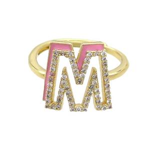 Copper Ring Pave Zircon M-Letter Adjustable Enamel Gold Plated, approx 10-14mm, 18mm dia
