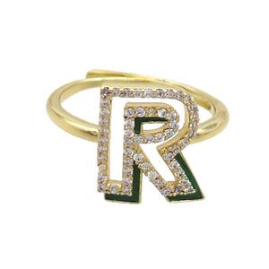 Copper Ring Pave Zircon R-Letter Adjustable Enamel Gold Plated, approx 10-14mm, 18mm dia