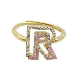 Copper Ring Pave Zircon R-Letter Adjustable Enamel Gold Plated, approx 10-14mm, 18mm dia