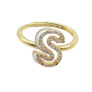 Copper Ring Pave Zircon S-Letter Adjustable Enamel Gold Plated, approx 10-14mm, 18mm dia