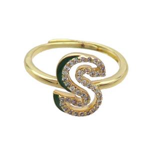 Copper Ring Pave Zircon S-Letter Adjustable Enamel Gold Plated, approx 10-14mm, 18mm dia