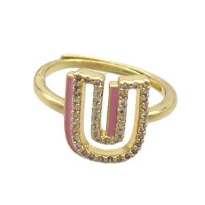 Copper Ring Pave Zircon U-Letter Adjustable Enamel Gold Plated, approx 10-14mm, 18mm dia