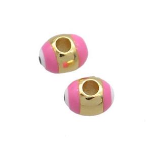 Copper Barrel Beads Pink Enamel Eye Large Hole Gold Plated, approx 5.5-7mm, 2mm hole
