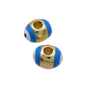 Copper Barrel Beads Blue Enamel Eye Large Hole Gold Plated, approx 5.5-7mm, 2mm hole