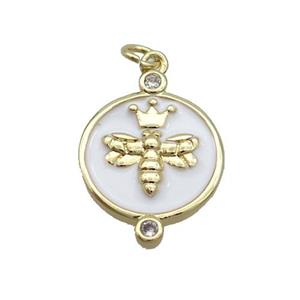Copper Honeybee Pendant Circle White Enamel Gold Plated, approx 15mm