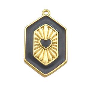 Copper Hexagon Pendant Black Enamel Heart Gold Plated, approx 13-20mm