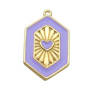 Copper Hexagon Pendant Lavender Enamel Heart Gold Plated, approx 13-20mm