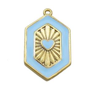 Copper Hexagon Pendant Blue Enamel Heart Gold Plated, approx 13-20mm