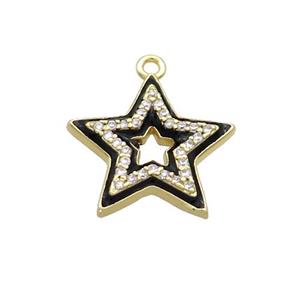 Copper Star Pendant Pave Zircon Black Enamel Gold Plated, approx 15mm
