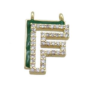 Copper Pendant Pave Zircon Green Enamel Letter-F 2loops Gold Plated, approx 15-16mm