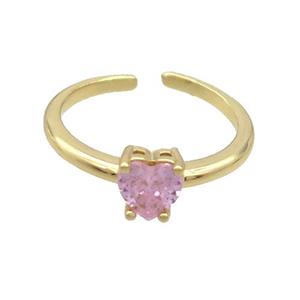 Copper Ring Pave Pink Crystal Glass Heart Gold Plated, approx 6mm, 18mm dia