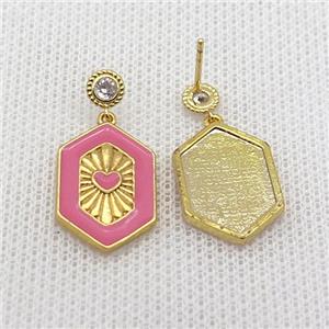 Copper Stud Earring Hexagon Pink Enamel Gold Plated, approx 14-20mm